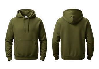 Olive green hoodie mockup front and back view, unisex pullover sweatshirt apparel, clothing template for designers, isolated on transparent background