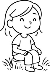 Obraz premium Happy little girl sitting on a tree stump outdoors smiling