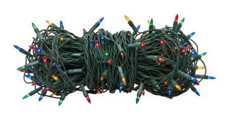 A tangled bundle of multicolored incandescent christmas string lights with green wire, isolated on transparent background