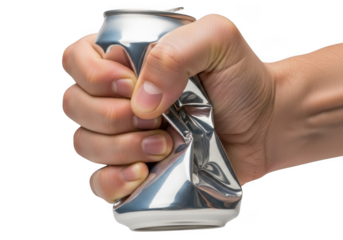 Hand crushing aluminum soda can recycling concept metal waste compressing pressure isolated on transparent background