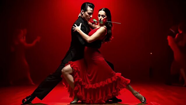 Elegant tango dancers posing passionately against red studio background. Dance concept