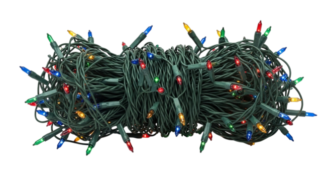 A tangled bundle of multicolored incandescent christmas string lights with green wire, isolated on transparent background