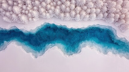 An aerial view of a dense forest covered in snow, bordering a winding, icy blue river with frozen banks.