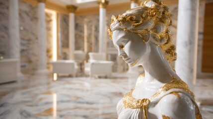 A white marble bust of a woman adorned with gold accents, standing in a luxurious marble room with columns and ornate decorations.