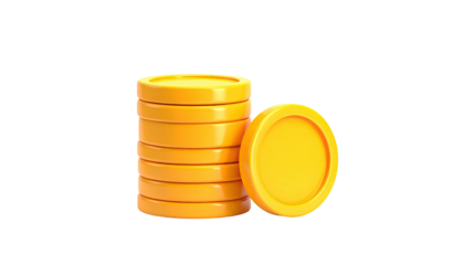 Rendered golden coins, stacked and single, against a solid black background