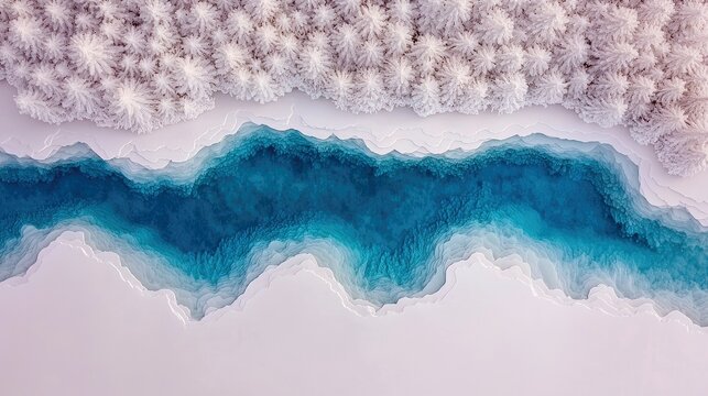 An aerial view of a dense forest covered in snow, bordering a winding, icy blue river with frozen banks.