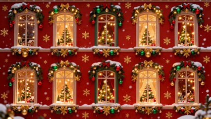 A luxurious house façade with beautifully decorated Christmas windows. Golden elements, festive scenes, twinkling lights, and snowy accents stand against a rich red background.