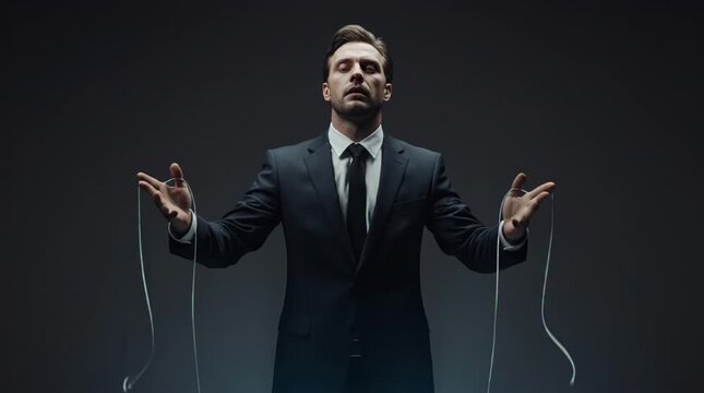 Man in Suit Holding Strings, Eyes Closed