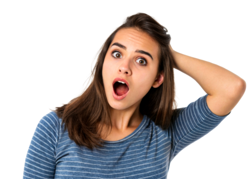 Young Hispanic woman with a surprised expression and hand on her head, suitable for expressing shock or amazement in media and marketing.