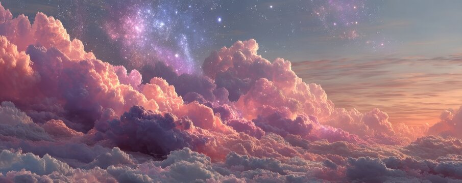 Ethereal pastel clouds stretch across a tranquil sunset sky with a starry nebula backdrop - Powered by Adobe