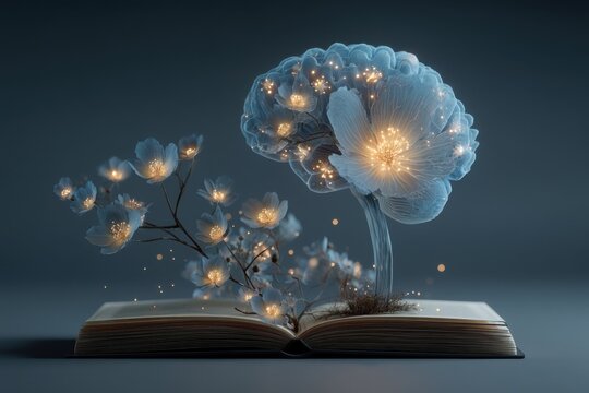 Open book with a glowing, brain-shaped flower sprouting from its pages, symbolizing knowledge and imaginative creativity