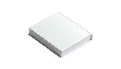 Isometric view of a closed, hardcover book with white cover on black background