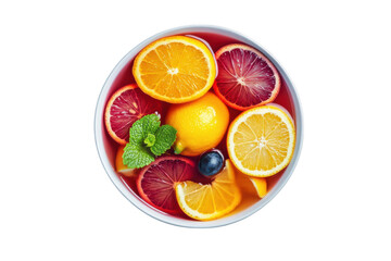 Bowl of refreshing citrus fruit sangria with orange, lemon, grapefruit, mint and blueberry slices freshly isolated on transparent background