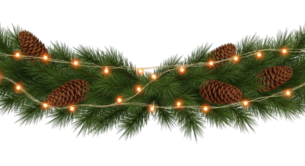 Realistic illustration of a festive christmas garland made of green pine branches decorated with glowing warm white string lights and natural brown pine cones, isolated on transparent background