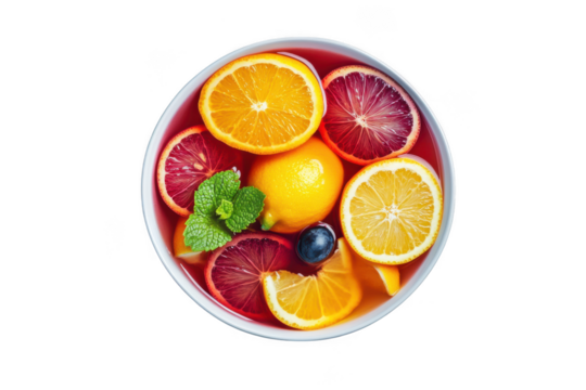 Bowl of refreshing citrus fruit sangria with orange, lemon, grapefruit, mint and blueberry slices freshly isolated on transparent background