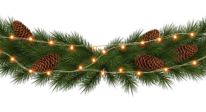 Realistic illustration of a festive christmas garland made of green pine branches decorated with glowing warm white string lights and natural brown pine cones, isolated on transparent background - Powered by Adobe