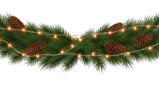 Realistic illustration of a festive christmas garland made of green pine branches decorated with glowing warm white string lights and natural brown pine cones, isolated on transparent background