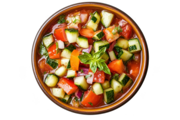 Delicious gazpacho soup recipe with fresh tomatoes, cucumbers, and basil in a bowl, healthy summer food, isolated on transparent background