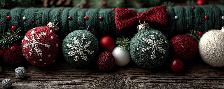 Christmas ornaments on rustic wooden background with green and red baubles and festive bow