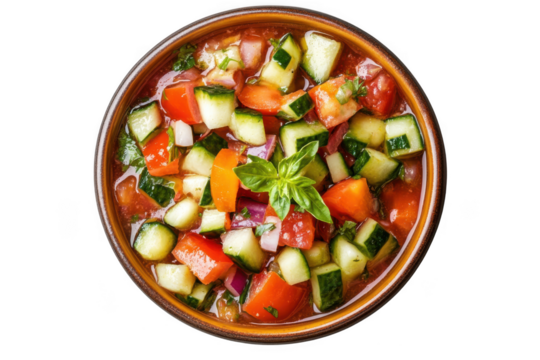 Delicious gazpacho soup recipe with fresh tomatoes, cucumbers, and basil in a bowl, healthy summer food, isolated on transparent background