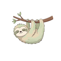 Naklejka premium Cute cartoon sloth hanging from a tree branch with leaves and a happy smiling face