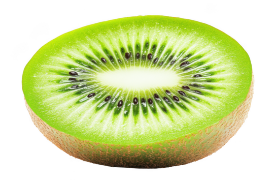 Macro close-up of a fresh green kiwi fruit slice detail healthy food still life photography isolated on transparent background