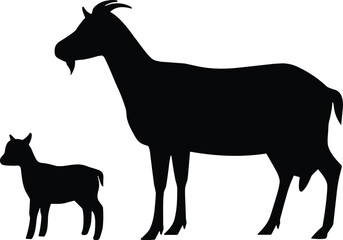 Black Silhouette of Adult Female Goat and Kid Standing Together Isolated on White Background Farm Animal Mother and Baby.