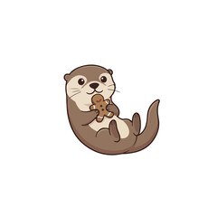 Fototapeta premium Cute cartoon otter floating on its back and holding a festive gingerbread man cookie, isolated on a white background.