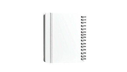 Vertical open white notebook with spiral binding, standing upright against black