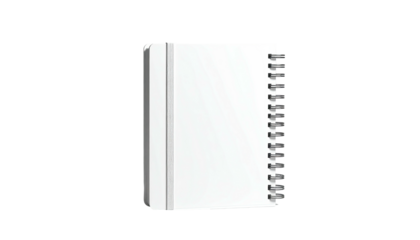 Vertical open white notebook with spiral binding, standing upright against black