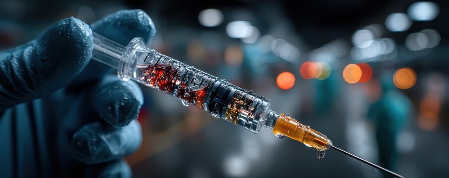 Medical professional in blue gloves holds syringe in a high-tech laboratory setting