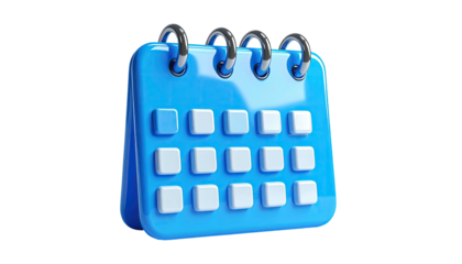 A 3D rendered, light blue calendar icon with white date boxes