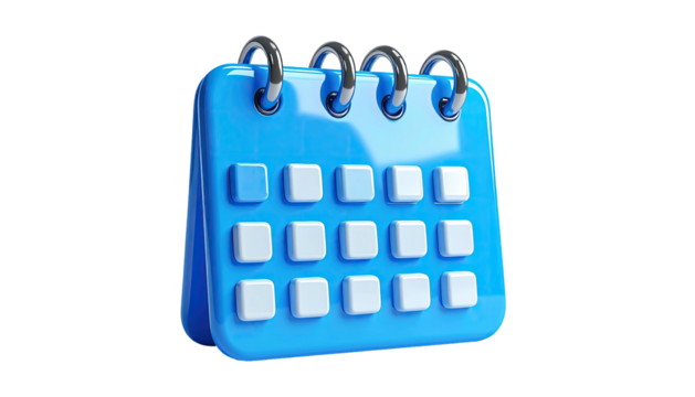 A 3D rendered, light blue calendar icon with white date boxes
