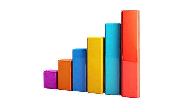 A 3D, multi-colored bar graph illustrating rising data, isolated on black