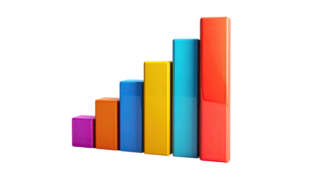 A 3D, multi-colored bar graph illustrating rising data, isolated on black