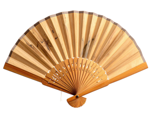 Open wooden fan, light and dark stripes, against black