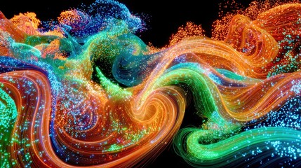 An abstract visualization of swirling, luminous particles and flowing light trails in vibrant shades of orange, green, and blue against a dark background.