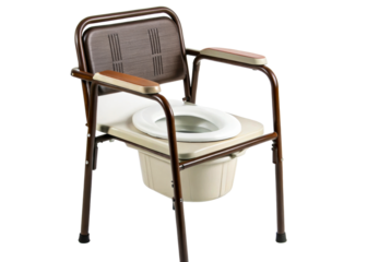 Adjustable medical commode chair with padded armrests and removable bucket for patient comfort and hygiene in home care settings
