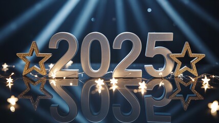 Sparkling 2025 numbers with stars and lights on reflective surface