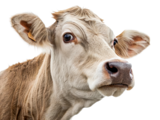 Close up portrait of a curious light brown cow with a tag in its ear, ideal for agricultural and livestock promotion.