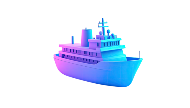 A low-poly yacht model rendered in cyan and magenta against a black background