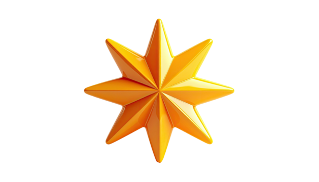 Bright 3D eight-pointed star with orange gradient, isolated against black
