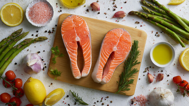 Two raw salmon steaks on wooden board with herbs and lemons