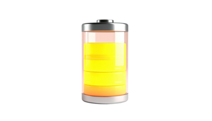 A cylindrical battery with a silver cap and glowing orange and yellow charge level