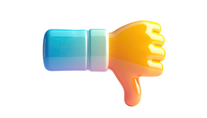 Glossy 3D thumbs-down icon rendered with a gradient, set against a dark background
