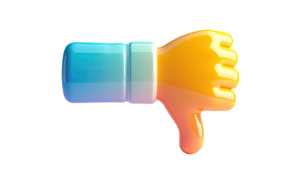 Glossy 3D thumbs-down icon rendered with a gradient, set against a dark background