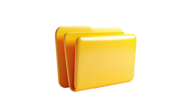 3D-rendered, glowing yellow folder icon with an open, stacked design on black