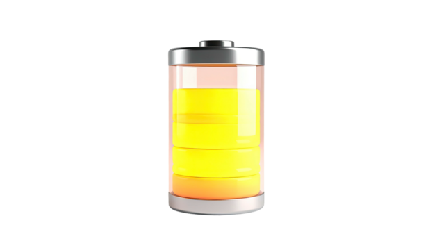 A cylindrical battery with a silver cap and glowing orange and yellow charge level - Powered by Adobe