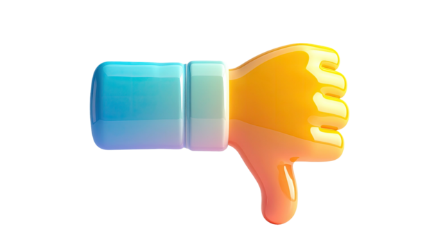 Glossy 3D thumbs-down icon rendered with a gradient, set against a dark background