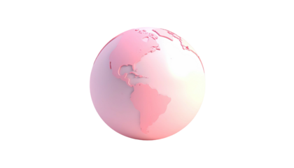 A stylized, pink rendering of planet Earth on a stark black background